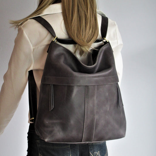 Grey Leather Convertible Backpack